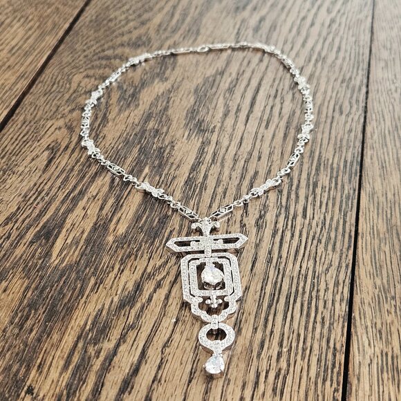 Antique Estate Art Deco Rhodium Silver Simulated Diamond Lavaliere Necklace 17" - Picture 1 of 9